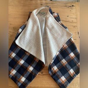 She and Sky Plaid Flannel Sherpa Handkerchief Hem Blue Brown Women’s M‎ Beat pre